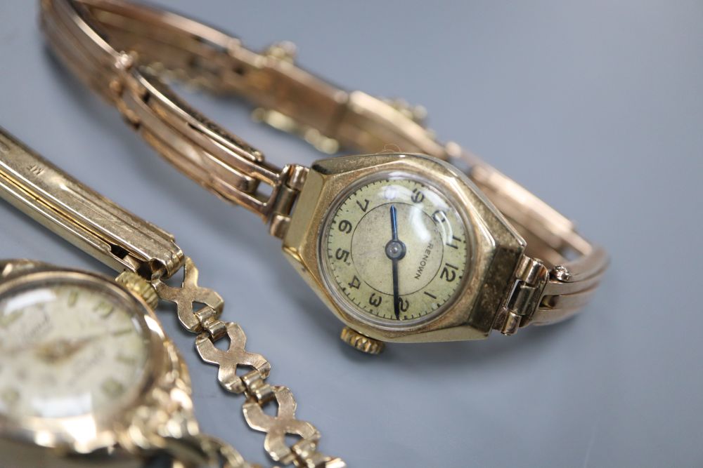 Two 9ct gold ladys wristwatches, one on 9ct gold expanding bracelet, gross 27.5 grams.